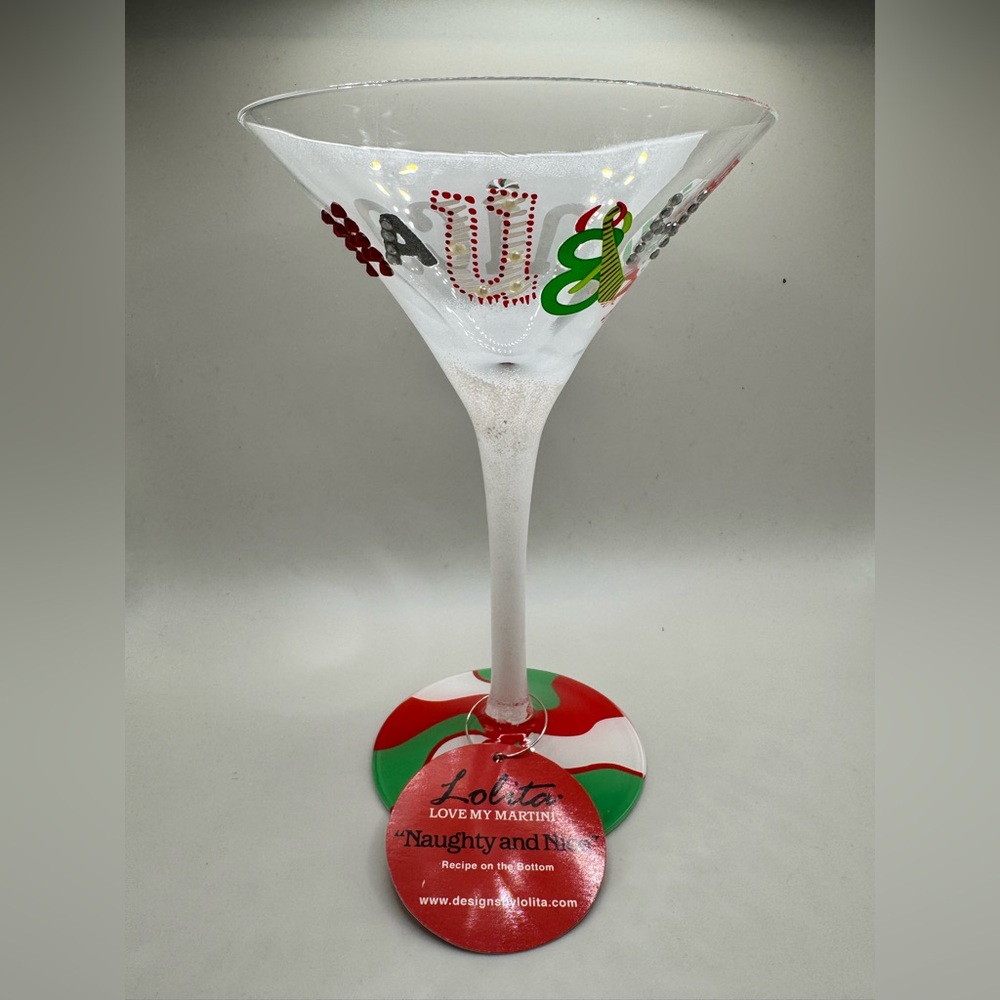 Lolita Naughty and Nice Christmas Martini Glass NIB Hand Painted Collectible 7oz